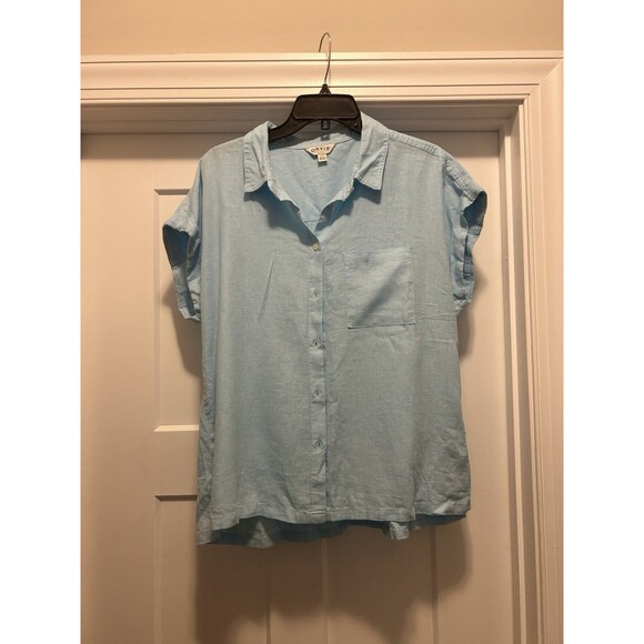 Orvis Women's Size Large Blue Linen Blend Button Short Sleeve Top Cap Sleeves - Picture 2 of 7